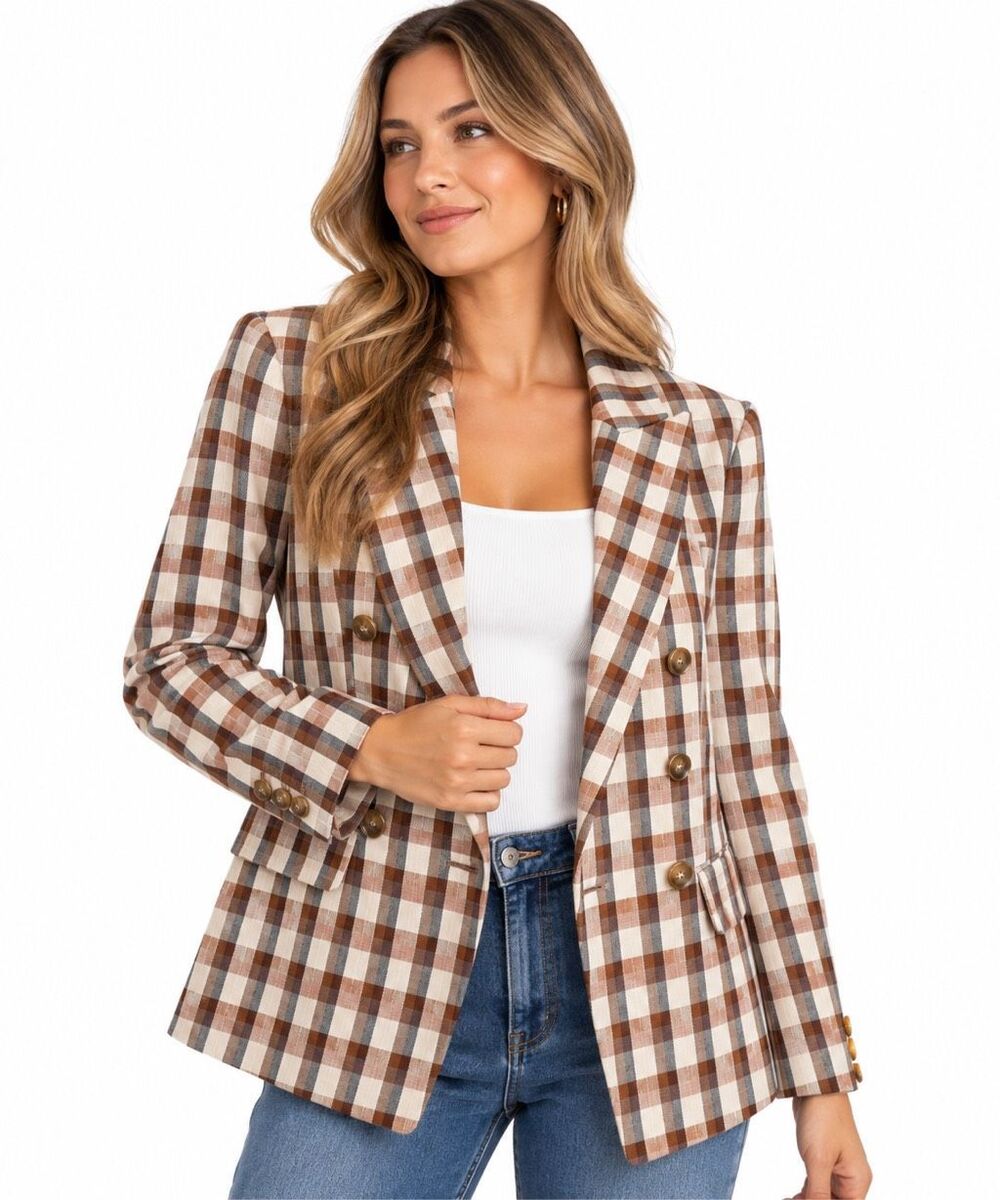 Joie Double Breasted Plaid Brown Tan Academia Blazer Women’s Size Small